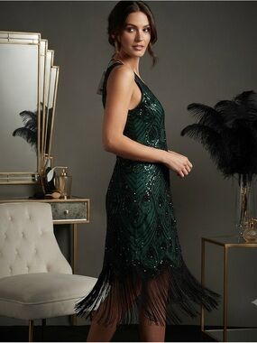 NWT Vintage 1920s Flapper Dress Emerald Green Sequin Beaded Fringe Midi XXL